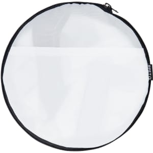 A round, mesh bag with a black zipper and trim, featuring a transparent white exterior.