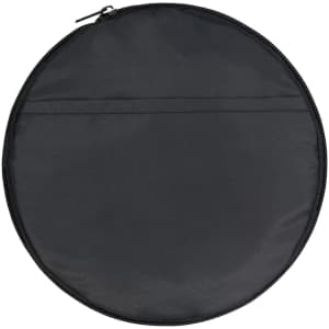 A round, black duffle bag with a zip closure and a flat exterior pocket. It features a logo.