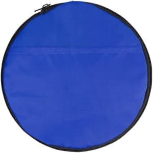 A round blue duffle bag with a zip closure, featuring a black trim and no visible branding.