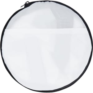 A round, zippered bag in black and white mesh, featuring a transparent top and a pocket on the front.