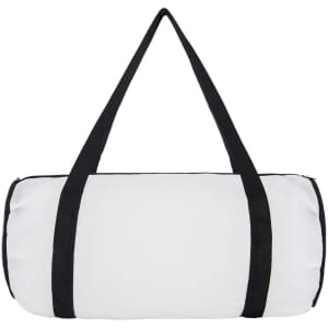 A white duffle bag with black straps and a zip closure, featuring a logo on the side.