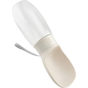 A drink bottle in white and clear with a wide opening and a grey strap, featuring a logo on the body.