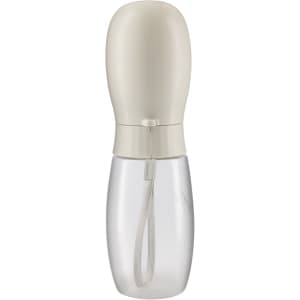 A drink bottle with a white and clear design, featuring a secure cap and a wrist strap for easy carrying.