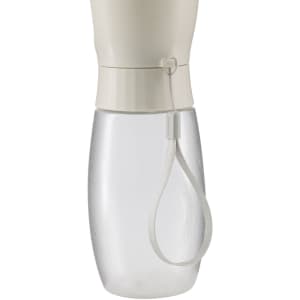 A drink bottle with a clear base and a cream-coloured top, featuring a loop for easy carrying.