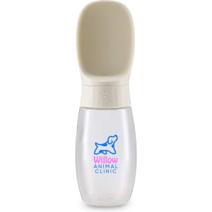 A drink bottle with a transparent body and a cream-coloured scoop top, featuring a logo on the front.