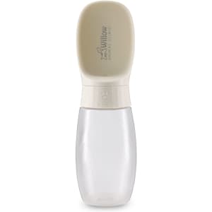 A drink bottle for pets in white and clear, featuring a logo on the body and a wide dispensing lid.