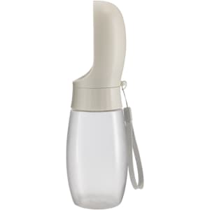 A drink bottle designed for pets, featuring a clear body with a beige top and a strap.