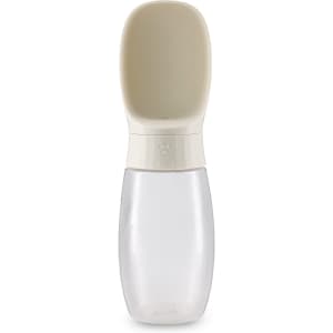 A drink bottle in grey and cream with a scoop lid and a transparent body, featuring a logo.