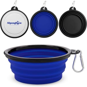 A collapsible bowl in blue with a black rim and carabiner, alongside white and black versions featuring a logo.
