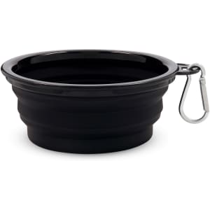 A black collapsible bowl with a silver carabiner attached, featuring a sleek design.