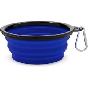A blue collapsible bowl with a black rim and a carabiner for easy attachment. It features a logo.
