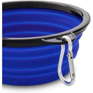 A blue collapsible bowl with a black rim and a metal carabiner for easy attachment. It features a logo.