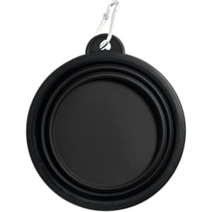 A black collapsible bowl with a carabiner attachment, featuring a circular design and smooth surface.