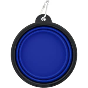 A collapsible bowl in black and blue, featuring a silver carabiner clip for easy attachment.