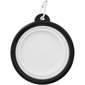 A black and white collapsible bowl with a carabiner clip for easy attachment. Features a smooth, rounded design.