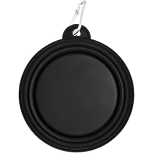 A black collapsible bowl with a carabiner clip for easy attachment. It features a circular design.