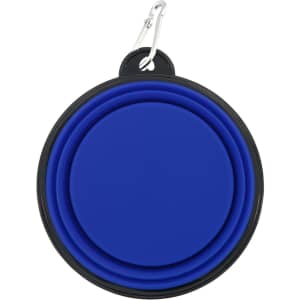 A blue collapsible bowl with a black rim, featuring a carabiner for attachment.