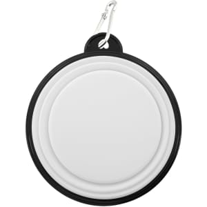 A white and black collapsible bowl with a carabiner attachment. It features a circular design.