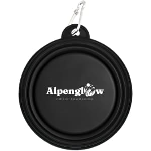 A black collapsible bowl with a carabiner attachment and a logo on the surface.