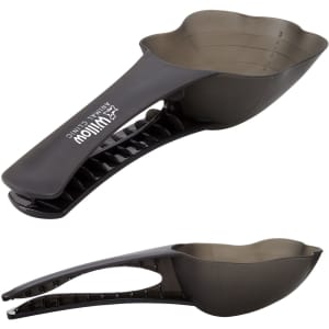 A pet food scoop in dark grey with a measuring capacity marked on the side, featuring a branded handle.