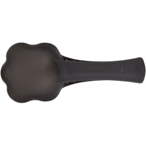 A black pet food scoop with a rounded, flower-shaped scoop end and a long handle.