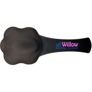 A black pet food scoop with a paw print design and a logo featuring "Willow Animal Clinic."