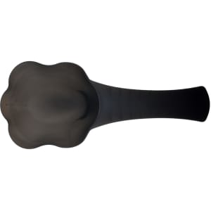 A black pet food scoop with a unique, rounded design and a flat handle. It features a logo.