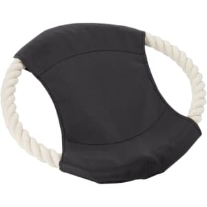 A black fabric dog toy with a rope handle. The toy features a rounded shape and a sturdy design.