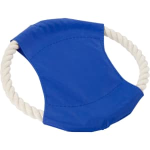 A blue dog toy with a fabric centre and a rope handle. Features a logo on the fabric.