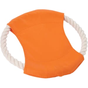 An orange dog toy with a soft fabric centre and a sturdy rope handle.