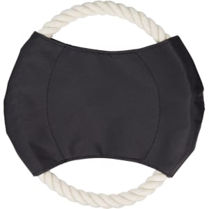 A black fabric toy with a white rope handle, designed for dogs, featuring a rounded shape.