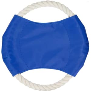 A blue dog toy featuring a fabric centre with a rope ring on the outside. It has a logo on it.