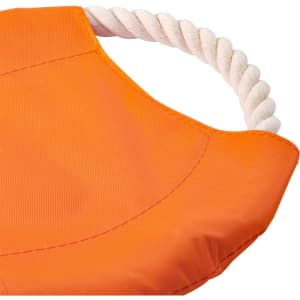 An orange dog toy with a fabric surface and a white rope handle. It features a logo.