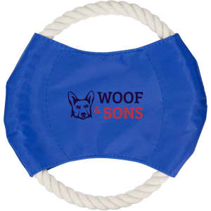 A blue dog toy with a rope handle and a logo featuring a dog.