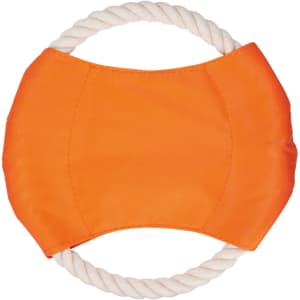 An orange dog toy with a rope handle, featuring a smooth fabric surface and a round shape.