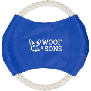 A blue dog toy with a rope handle and a logo featuring a dog graphic.