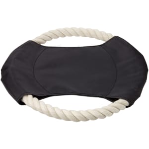 A black and cream dog toy featuring a circular rope and padded centre. It has a logo on one side.
