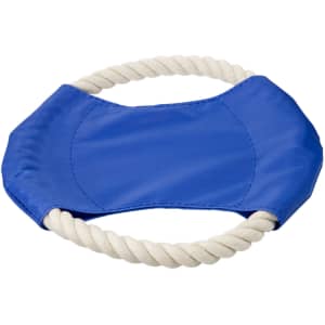 A blue dog toy featuring a fabric centre with a white rope handle. It has a simple, rounded shape and a logo.