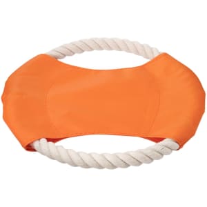 An orange fabric dog toy with a rope handle, featuring a smooth, padded centre.