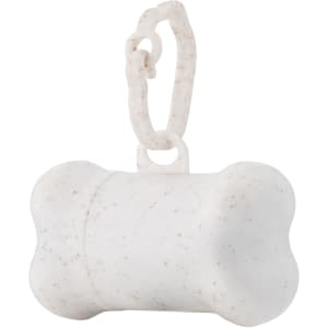 A white bone-shaped dog waste bag dispenser with a clip attachment. It has a speckled texture.