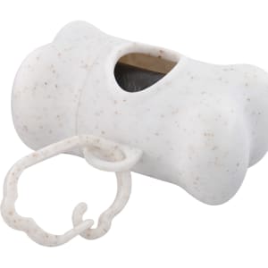 A bone-shaped dog waste bag dispenser in white with a light speckled pattern and a clip for attachment.