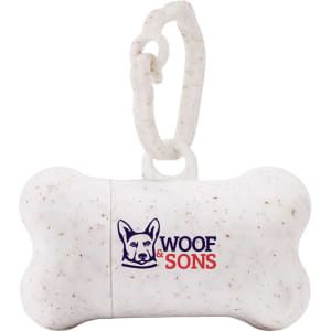 A white bone-shaped dog waste bag dispenser with a logo and a clip for attachment.