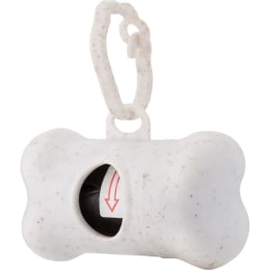 A white bone-shaped dog waste bag dispenser with a black opening and a clip for attachment. Includes a logo.