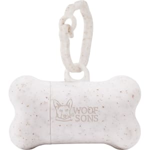 A white bone-shaped dog waste bag dispenser with a clip for attachment, featuring a logo.