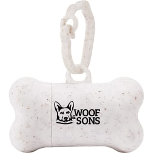 A white, speckled bone-shaped dog waste bag dispenser with a clip, featuring a logo.