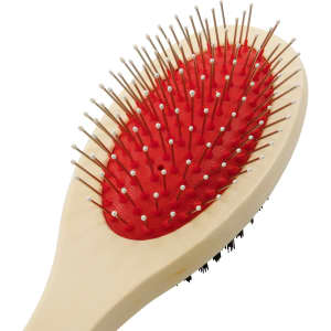 A pet grooming brush with a red bristle pad and white plastic handle, featuring a logo on the side.