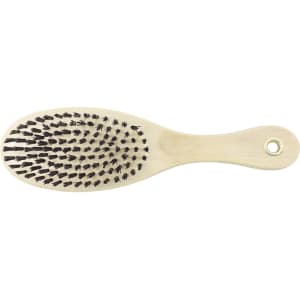 A pet grooming brush with a wooden handle and black bristles, featuring a rounded shape and a small hole for hanging.