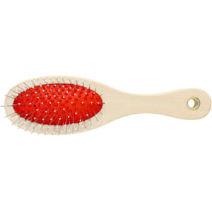 A pet grooming brush with a wooden handle and a red rubber base, featuring metal bristles.