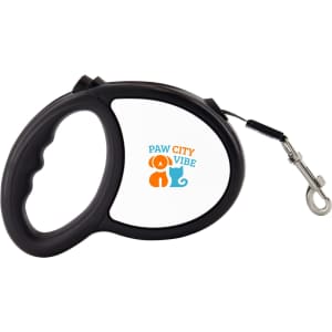 A retractable lead in black with a handle and a clip for attaching to a pet's collar. Features a logo.