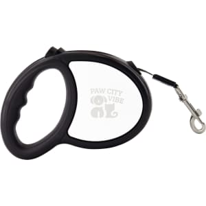 A retractable dog lead in black with a comfortable grip and a metal clip for attachment. It features a logo.